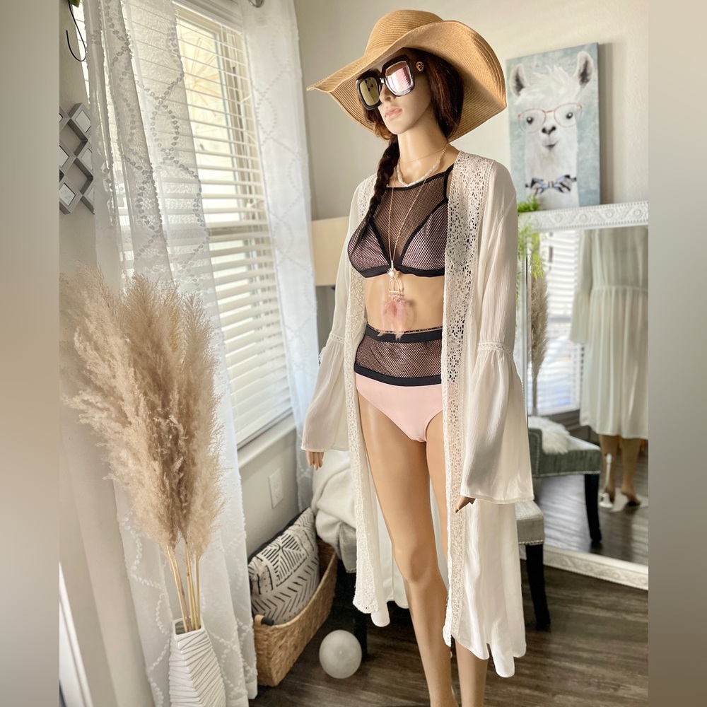 Open Front Cardigan Swimsuit Cover Up Cream XS
